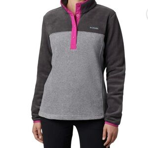 NWOT Columbia Fleece Pullover 2 tone Gray with Pink snap button Accents